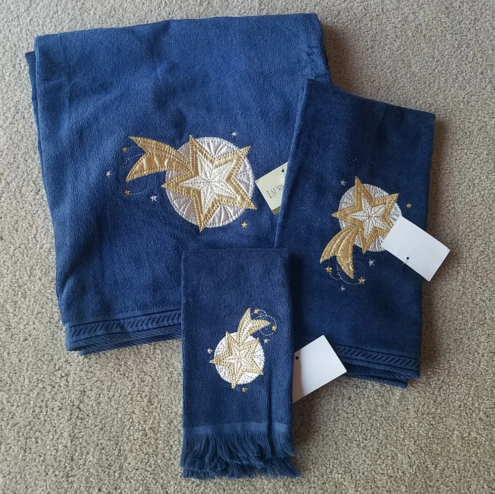 Laurel Canyon Bathworks Celestial Navy Blue Sun Moon Stars 3-pc Towel Set NWT
